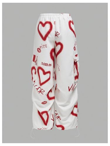 MakeMeChic Women's Heart Print Baggy Cargo Pants Flap Pocket Elastic Waist Wide Leg Trousers2