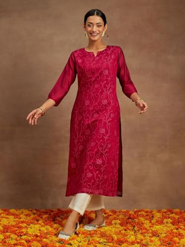 Image of Libas Womens Embroidered Silk Blend Straight Kurta for Women | Ethnic wear | Bridal Suit | Wedding Dress | Occasion wear