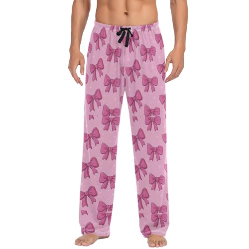 Men’s Cute Pink Bows Pajama Pants with Pockets, Comfortable Lounge Sleep Bottoms#439