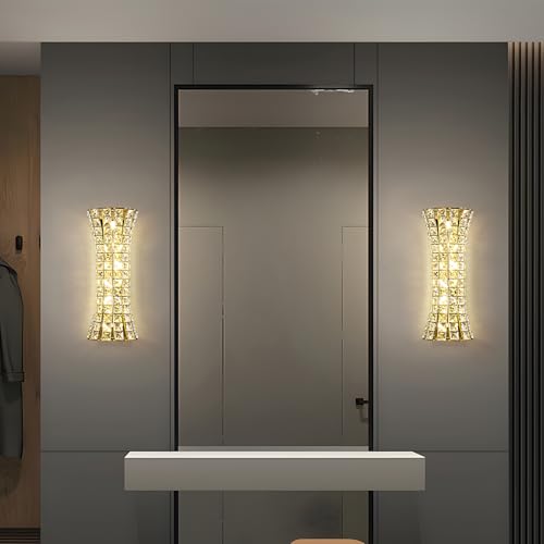Image of Crystal Wall Sconces,Modern Wall Light Fixtures,Luxury Indoor Gold Wall Lamp for Living Room Bedroom Bathroom Hallway Doorway Stairway,Bedside,Tricolor Vanity Lighting Fixture