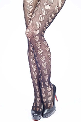 Exotic Plus Size Pantyhose (Oh My Hearts) Black, Queen Size