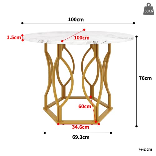 Tavolo da pranzo rotondo 100 cm con struttura in metallo dorato, tavolo da cucina rotondo con piano in marmo bianco in MDF, tavolo da pranzo per 4 persone con piedini regolabili, bianco/oro