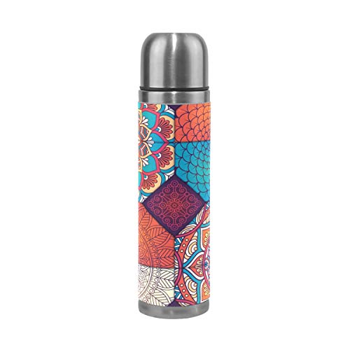 Mnsruu Bohemian Style Bunte Muster Isolierte Wasserflasche Thermoskanne Edelstahl Doppelwandig Auslaufsicher Vakuum Reisekaffeetasse Echtes Leder Abdeckung 500 ml