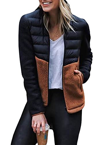 chouyatou Women's Lightweight Cotton Padded Fuzzy Sherpa Spliced Winter Jacket Coat