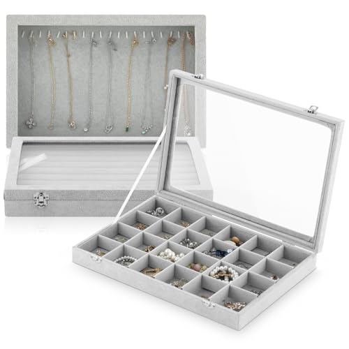Sasylvia 3 Pcs Large Size Jewelry Display Box Glass Display Cases, Necklace Organizer Box, Earrings Ring Holder 13.8 x 9.5 x 2 Inches(Grey,Velvet)