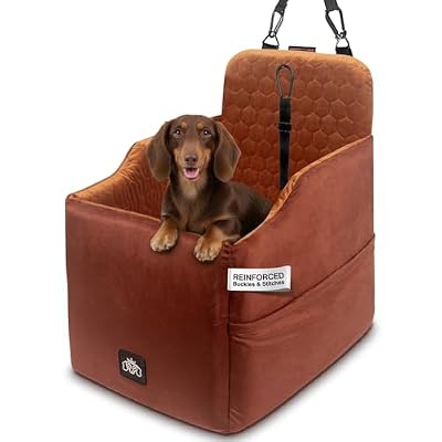 Dog Car Seat for Small Dogs, Dachshund Car Seat Booster Bed for Small Breeds – Non-Slip Base, Adjustable Straps, Washable Cover (Small Size Brown)