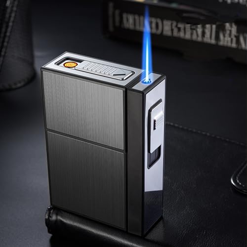 Cigarette Case with Lighter, Butane Torch USB Rechargeable Lighter 2 in 1, Cigarettes Box Holder for 20pcs 84mm King Size (Black)