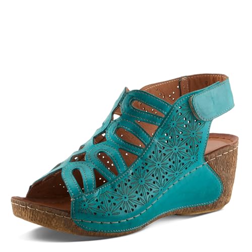 Image of Spring Step Inocencia Women's Leather Wedge Sandals | Low Heel Sandals for Women with Floral Laser Cut Design, Hook and Loop Strap, Mediterranean Style