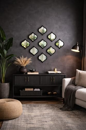 Image of Set of 9 Quatrefoil Wall Mirrors - Decorative Moroccan Lattice Accent Mirrors - Interlocking Geometric Wall Art for Living Room, Entryway, and Bedroom Decor (Black)