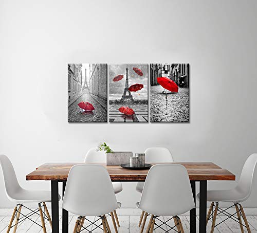 Ihappywall Contemporary Art Black And White Eiffel Tower With Red Umbrella On Paris Street Painting Romantic Picture Framed Artwork Prints Canvas Set Of 3 Ready To Hang 16X24Inchx3Pcs #TOP4