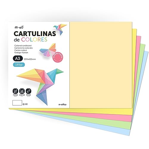 Carton coloré, papier cartonné A3, feuilles colorées 180 g, carton assorti, couleurs pastel, idéal pour l'artisanat, imprimer vos documents et dessins créatifs · m-office (10h, Surt. Pastel)