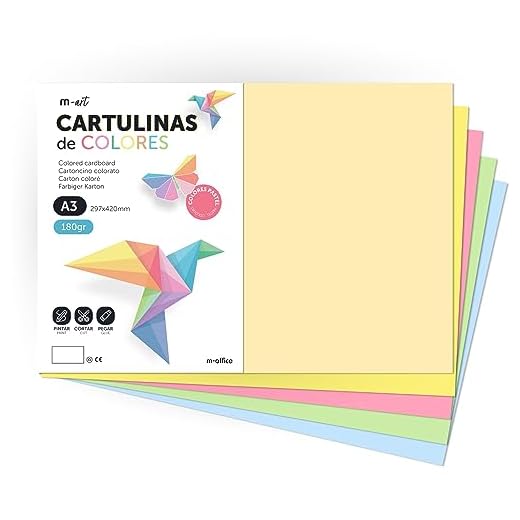 Cartulina de Colores, Cartulina A3, Folios de Colores 180gr, Cartulina Surtido Colores Pastel, Ideal para Manualidades, Imprimir tus Documentos y Diseños Creativos · m-office (10h, Surt. Pastel)