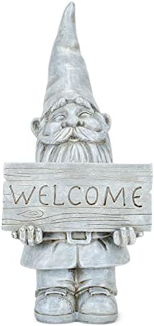 NAT & JULES Welcome Gnome Aged Cement Hue 12 inch Resin Stone Garden Statue