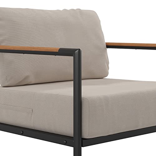 Flash Furniture Lea Indoor/Outdoor Patio Chair With Cushions - Modern Aluminum Framed Chair With Teak Accented Arms, Black With Beige Cushions #TOP5