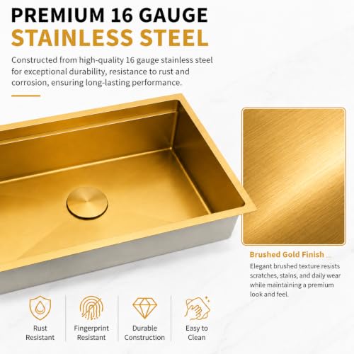 Image of Gold Undermount Kitchen Sink 32 Inch, 16 Guage Stainless Steel Workstation Sinks with Ledge & Accessories, 32 inch x 18 inch x 6 inch Single Bowl ADA-Compliant Large Sink, 6 Inch Depth Gold ADA Sink