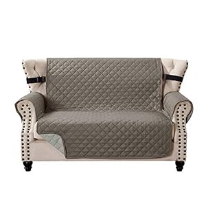 Home Beyond & HB design – Quilted Sofa Cover Slipcover Protector – Reversible Couch Cover Furniture Protector with Non-Slip Adjustable Elastic Strap for Pets Kids Dog Cat (Loveseat-2 Seater, Taupe/Beige)