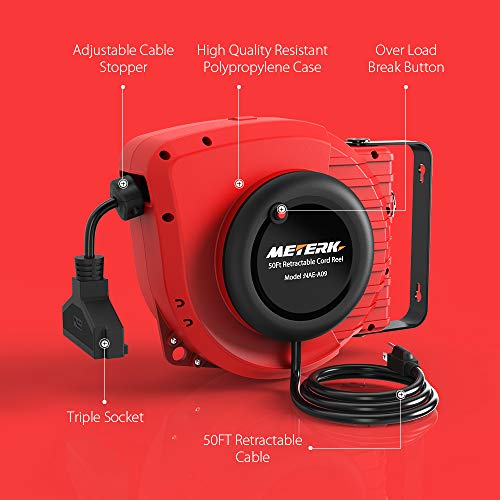 Automatic Return Retractable Extension Cord, Meterk 50+4.5FT Power Cord Reel, 14AWG 13A, 3C SJTOW, 180°Swivel Mounting,Triple Socket, Reset Button and Adjustable Stopper - Thumbnail 2