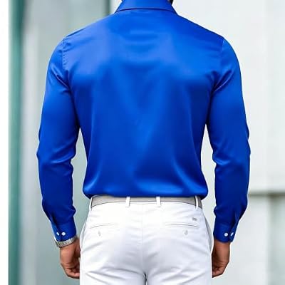 LBOVBE Mens Satin Button Down Shirt Long Sleeve Collared Slim Fit Dress Shirts Fall Winter Party Business Wear with Pocket Blue
