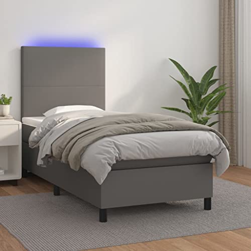Vetnasa Cama Box Spring y colchón LED Cuero sintético Gris 90x200 cm Mobiliario, Camas y Accesorios, Camas y somieres Gris 55 KG