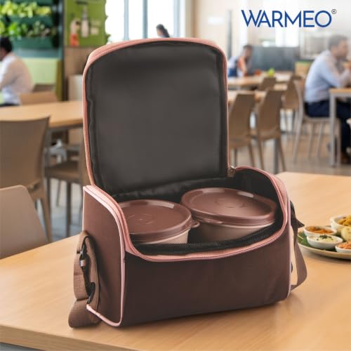 Image of WARMEO Micro Meal Microwave Safe Lunch Box | 1 Rectangular Container 600ml + 2 Round Container 350ml Each | BPA Free I Stylish Durable Jacket I Ideal for Office,School,Outdoor, Picnic,Brown