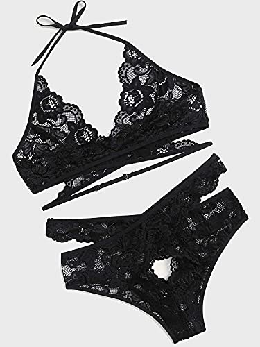 Donnalla Women Sexy Lingerie Set Two Piece Lace Bra and Panty Set Babydoll Sleepwear, Black, Medium