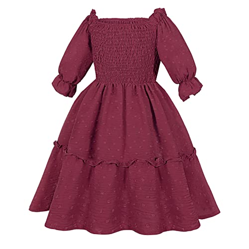 Binboll Girls Dress Sweet & Cute Puff Sleeve Square Neck Ruffle Swiss Dot Ruffle Swing Dress(Wine Red,13-14 Years) #TOP2