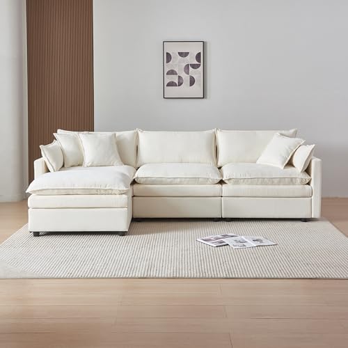 A ALFRESCOOL Sofá con función de dormir, sofá esquinero tapizado, sofá de 4 plazas, sofá con reposapiés, sofá en forma de L, sofá cama para salón, tela chenilla, 276 x 75 x 89 cm (beige)