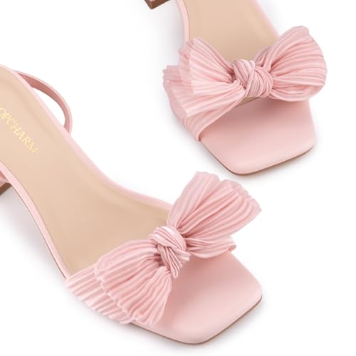LOOPCHARM Women's Bow Knot Block Heel Square Open Toe Ankle Strap Sandals,Light Pink,6 by LOOPCHARM - Used condition - Image 3