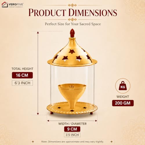 Image of Akhand Jyot Brass Diya - Traditional Akhanda Deepam with Oil Chamber & Protective Glass Cover - Long-Lasting Brass Diya for Puja & Festival Decor (Large)