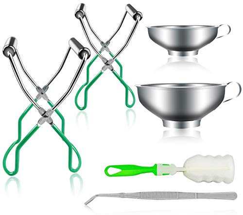 Canning Supplies Jar Lifter Set with 2 PCS Lifter Tongs with Grip Handle 2 Size of Stainless Steel Canning Funnel Sponge Cleaning Brush and Tweezers for Lid Lift for Beginner Starter Kit