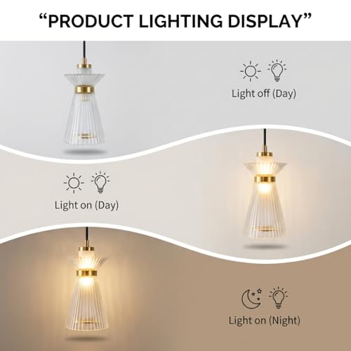 Image of Pendant Light 3-Color CCT (Warm + Natural + Cold White) Ribbed Acrylic Gold Metal Hanging Light for Bedroom Living Room Dining
