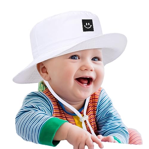 Image of Baby Sun Hat, Newborn Toddler Foldable Beach Hat UPF 50+ Sun Protection Bucket Hat for Boys Girls Adjustable Cap (0-6 Months) White