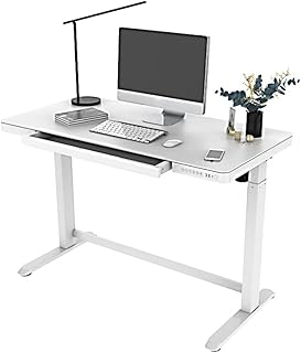 PrimeCables Height Adjustable Electric Standing Desk - 48 Inch All-in-One Sit Stand Desk Workstation with Drawer, Built-in USB Charging Port, Programmable Memory Settings, Glass Tabletop (White)