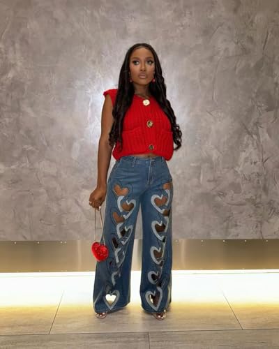 NIFTRIRY High Waisted Jeans for Women Side Heart Cut Out Pants Women Trousers Wide Leg Jeans Woman2