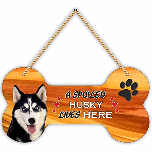 Image of CVANU Laser Cut MDF Wooden Cute Dog Sign Plaque Bone Design A Spoiled Husky Lives Here Animal Love Sign Board, Name Plate for Dog House Black & White, Size(10x5) inch
