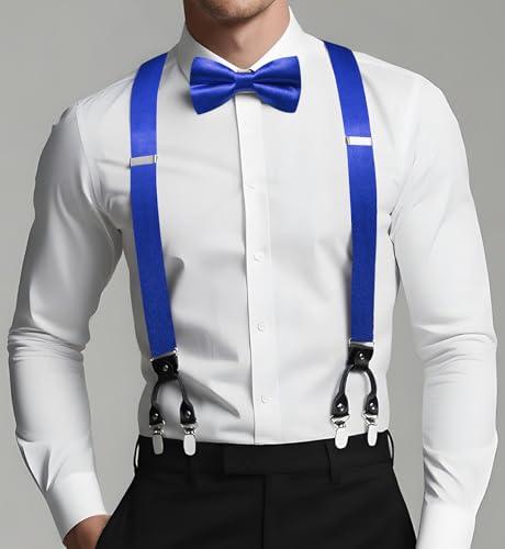 Image of Dubulle Suspender and Bow Tie for Men Paisley Solid Mens Suit Braces Pretied Bowtie and Handkerchief Cufflinks Formal Wedding