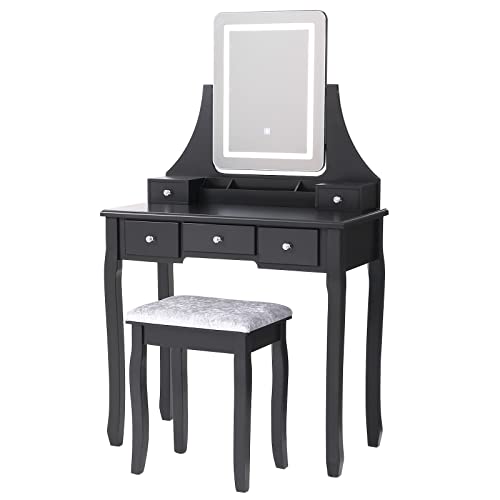 ANWBROAD Juego de Tocador LED Escritorio Grande de Maquillaje con Taburete Almohadillas Espejo sin Marco 5 cajones y 2 separadores Organizador extraíble Almacenamiento de Joyas para Negro BDT01B Cover