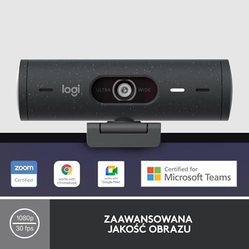 Logitech Brio 500 Full Kamera Internetowa HD z Auto Korekcją Światła, Trybem Pokazu, Podwójną Redukcją Szumów, Osłoną, do Microsoft Teams, Google Meet, Zoom, Kabel USB-C - Grafit