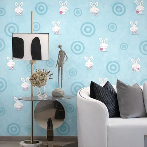 Image of Blue Rabbit & Heart Design Self Adhesive Wallpaper | Peel & Stick, Easy Clean, Removable | Kids Bedroom Wall Covering 16 x 96 Inch