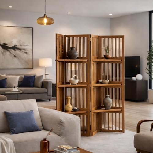 Image of Wooden Partition Divider for Living Room, Partition Wall, Privacy Divider, Freestanding Folding Panels for (6 Feet 4 Panel with Shelves Teak Brown)