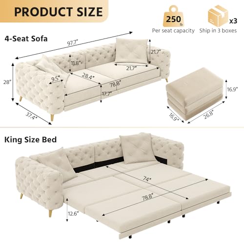 Image of KEIKI 97.7 inch Convertible Sleeper Sofa Bed, 3 in 1 Pull Out Sofa Bed, Button Tufted Modern Sofa, 4-Seater Couch with Movable Ottoman for Living Room, Bedroom, Apartment, Beige