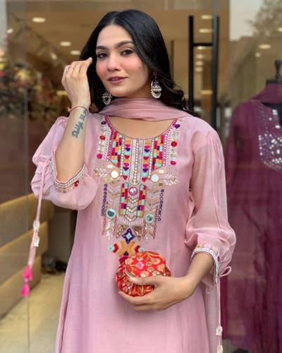Image of Women's Cotton Mirror Work Embroidered Straight Kurti with Pant and Dupatta Set