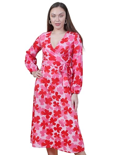 Image of Miga's Women 100% Poly Crepe, V-Neck, Printed and Puff Sleeve, Red, Fit & Flare Midi Dress