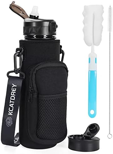 KCATDREY 32 oz Water Bottle with Straw and Insulated Sleeve - Motivational BPA Free Leakproof Bottle with Shoulder Strap, for Gym, Hiking, Travel, Fitness (Black)