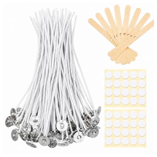 Bulk Candle Wicks 100 Pcs with 60Pcs Candle Wick Stickers and 10 Pcs Wooden Candle Wick Centering Device for Soy Beeswax Candle Making (6inch)