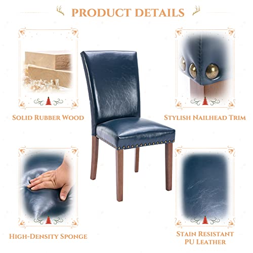 Image of Parsons Dining Chairs Set of 6, Upholstered Nailhead PU Leather Dining Room Kitchen Side Chair with Thick Cushions and Wood Legs, Blue
