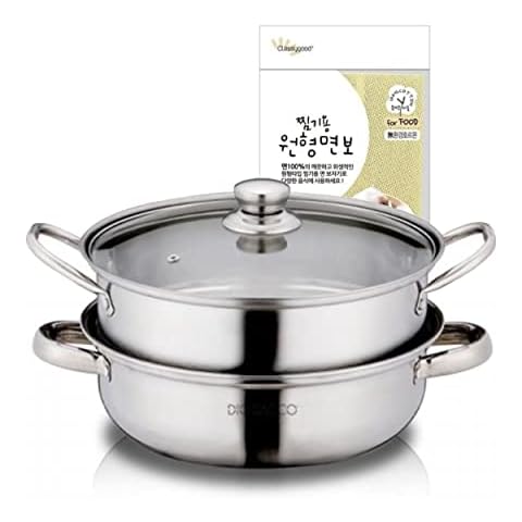 Jovely Dio Bacco 10.6"(27cm) Stainless Steel Steamer Pot Set for Cooking with 14"(35cm) Reusable Natural Pure Round Cotton Steamer Liner, 2 Quart Steamer Insert and Glass Vented Lid - 3 Piece Pack Cover