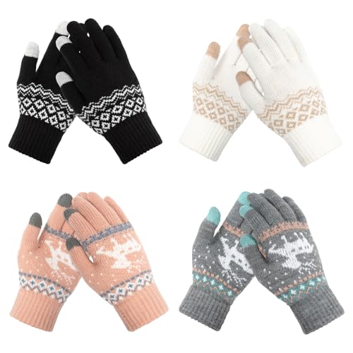Youkly 4 Paare Handschuhe Damen Winter Warme, Handschuhe Damen Touchscreen, Gestrickt Verdicket Winterhandschuhe für Frauen und Männer, Weihnachten Renier und Schnee Blume...