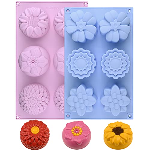 Sakolla 2 Pack Silicone Soap Molds, 6 Cavities Different Flower Shapes Silicone Mold, Perfect Making for Soap, Lotion Bar, Bath Bombs (Pink + Blue)