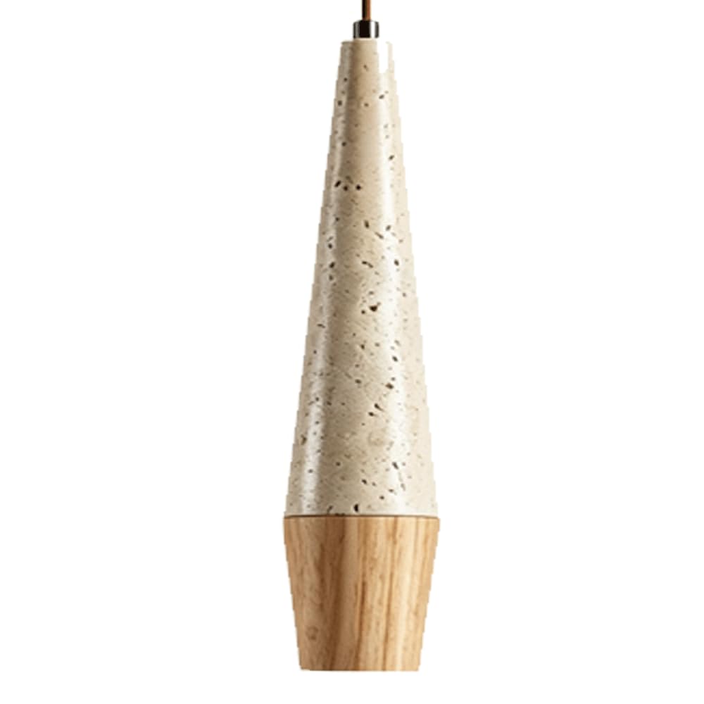 ESIYUVO 1-LED Light Travertine Cone Hanging Lamp Japanese Wabi-sabi Stone Chandelier Height Adjustable Pendant Light Walnut/Natural Wood Lighting Fixture for Dining Room Bar Entryway Bedroom Bedside
